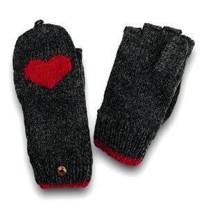 Alpaca Wool Knit Heart Flip Mittens Fingerless, Fleece-Lined Gloves